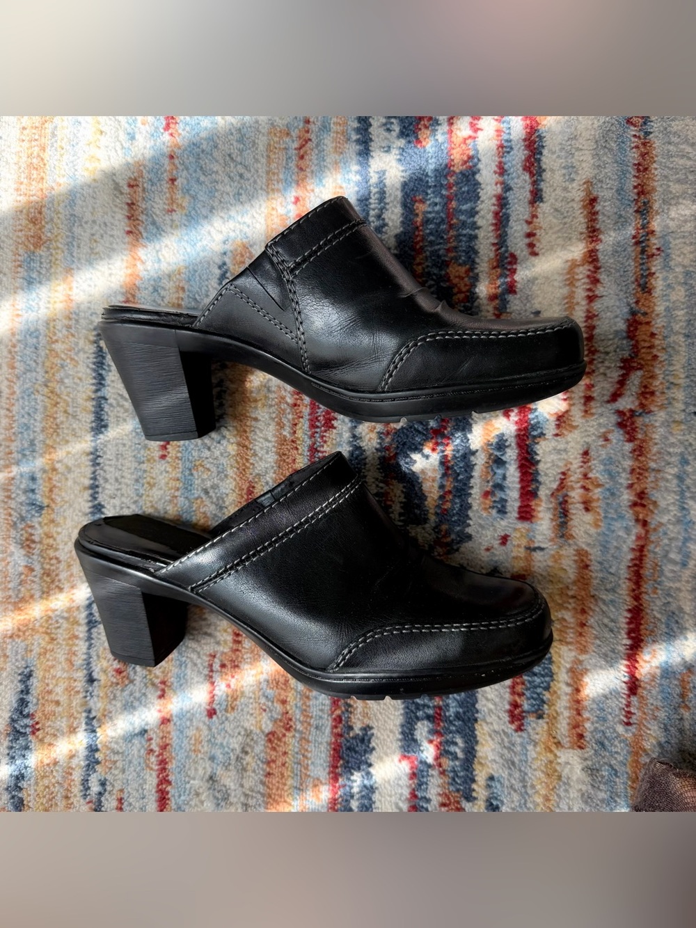 Clarks Black Leather Heeled Clog Mule